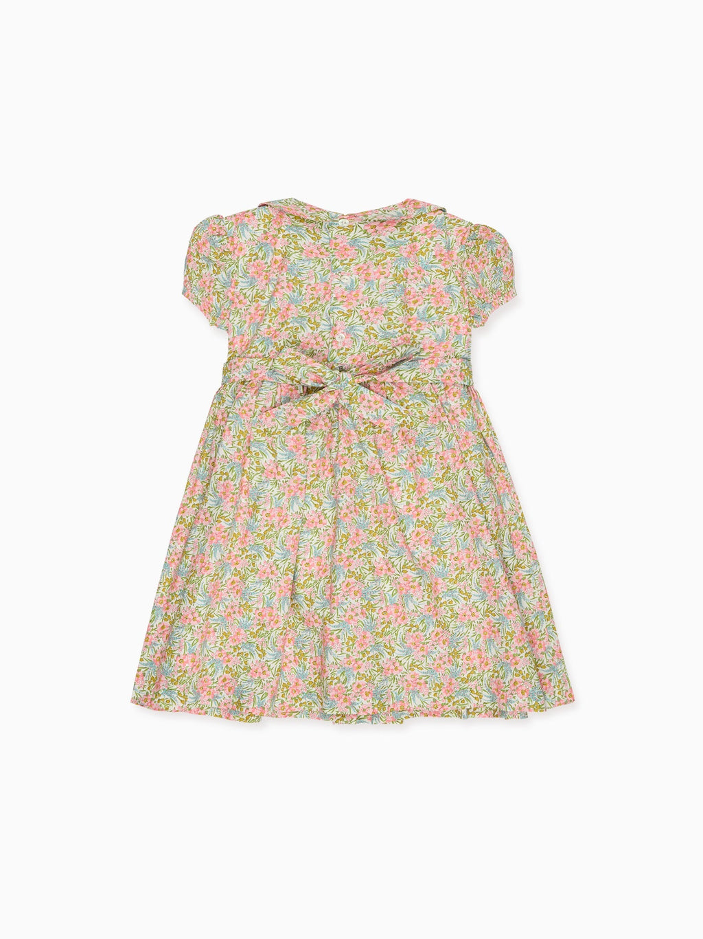 Robe fillette smockée main en tissu fleuri rose
