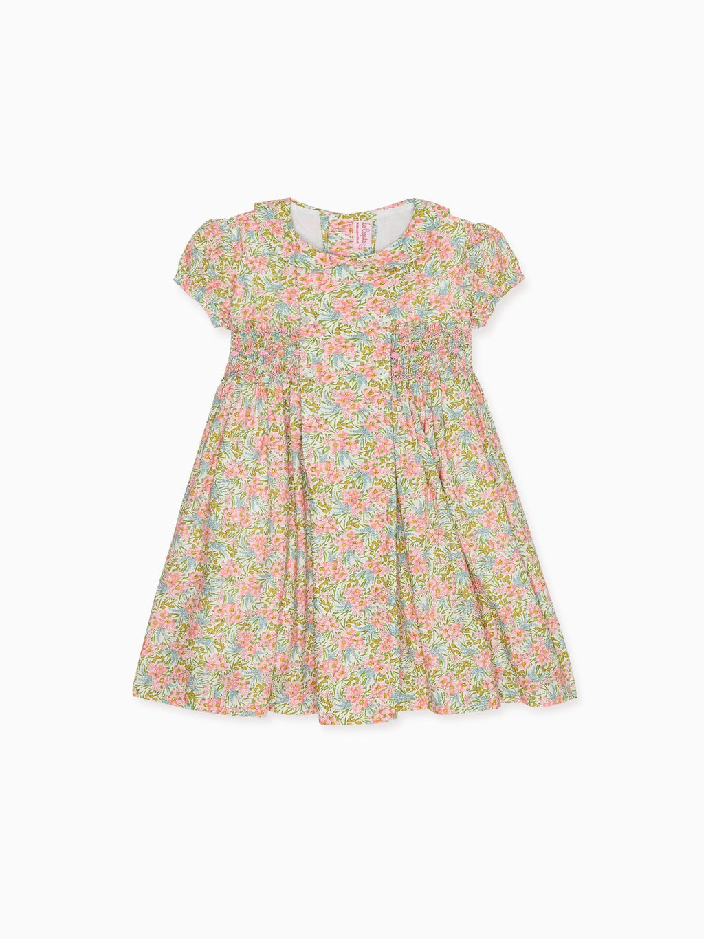 Robe fillette smockée main en tissu fleuri rose