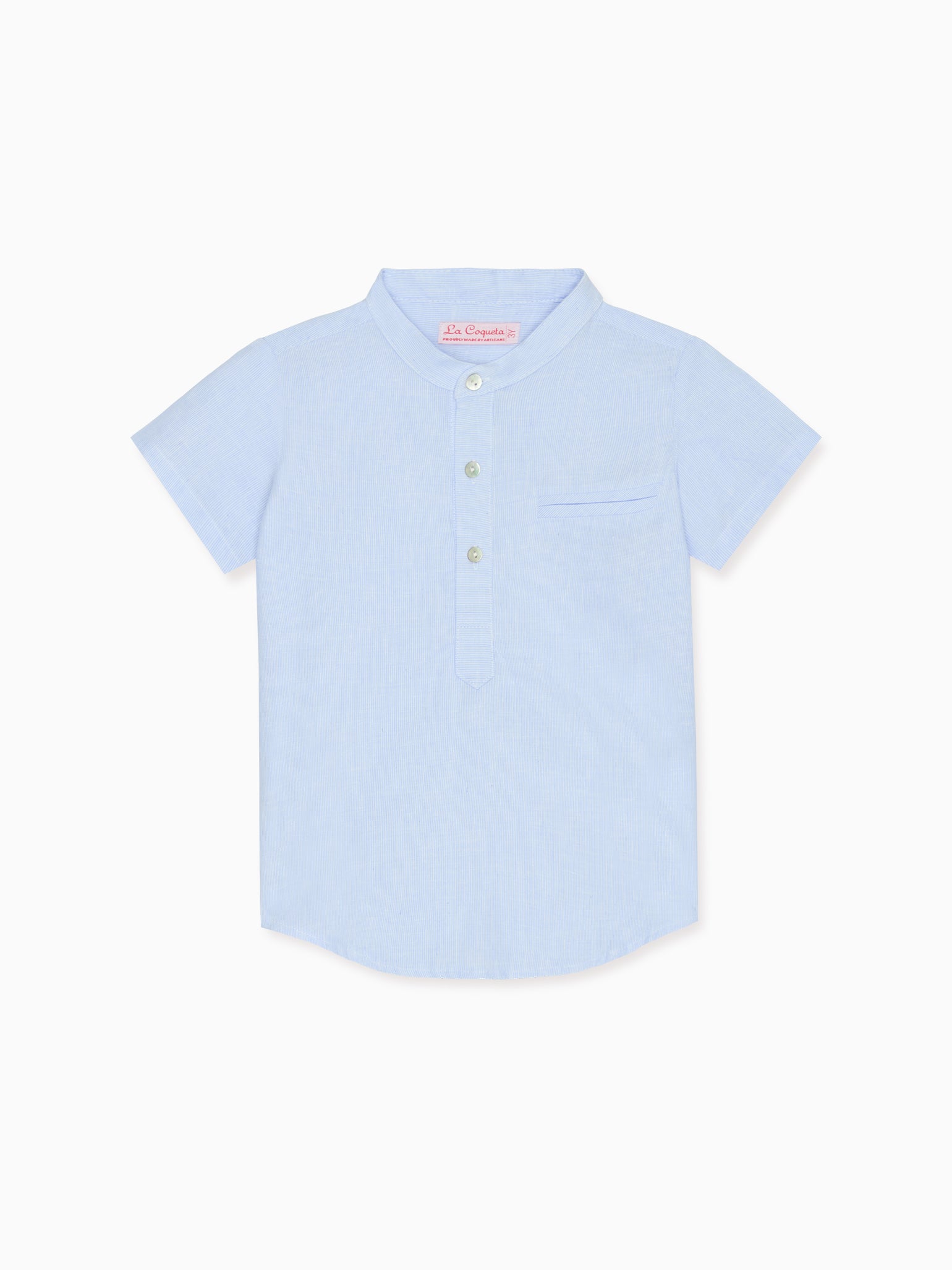 Chemise garçon en mélange de lin rayé bleu