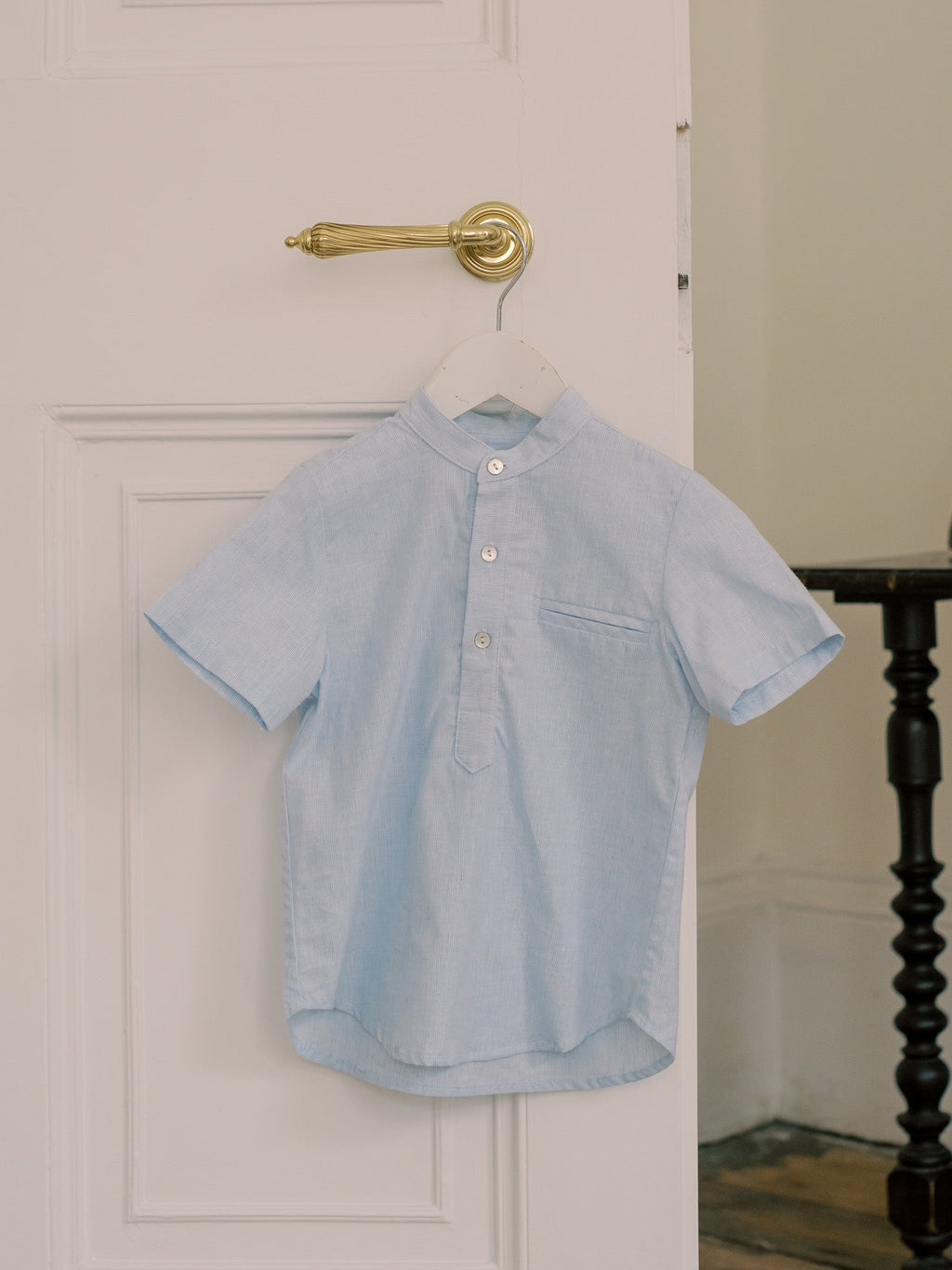 Chemise garçon en mélange de lin rayé bleu
