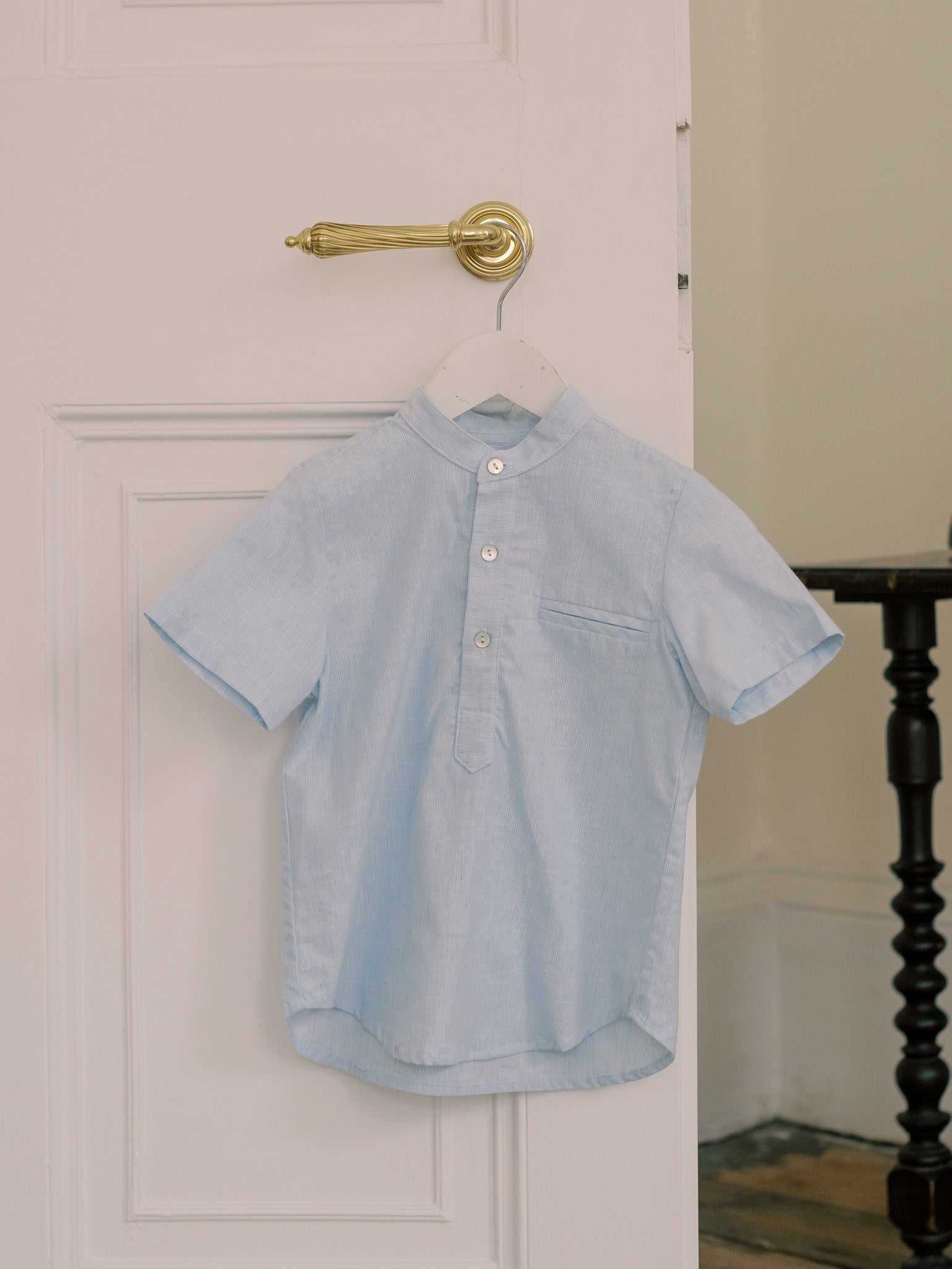 Chemise garçon en mélange de lin rayé bleu