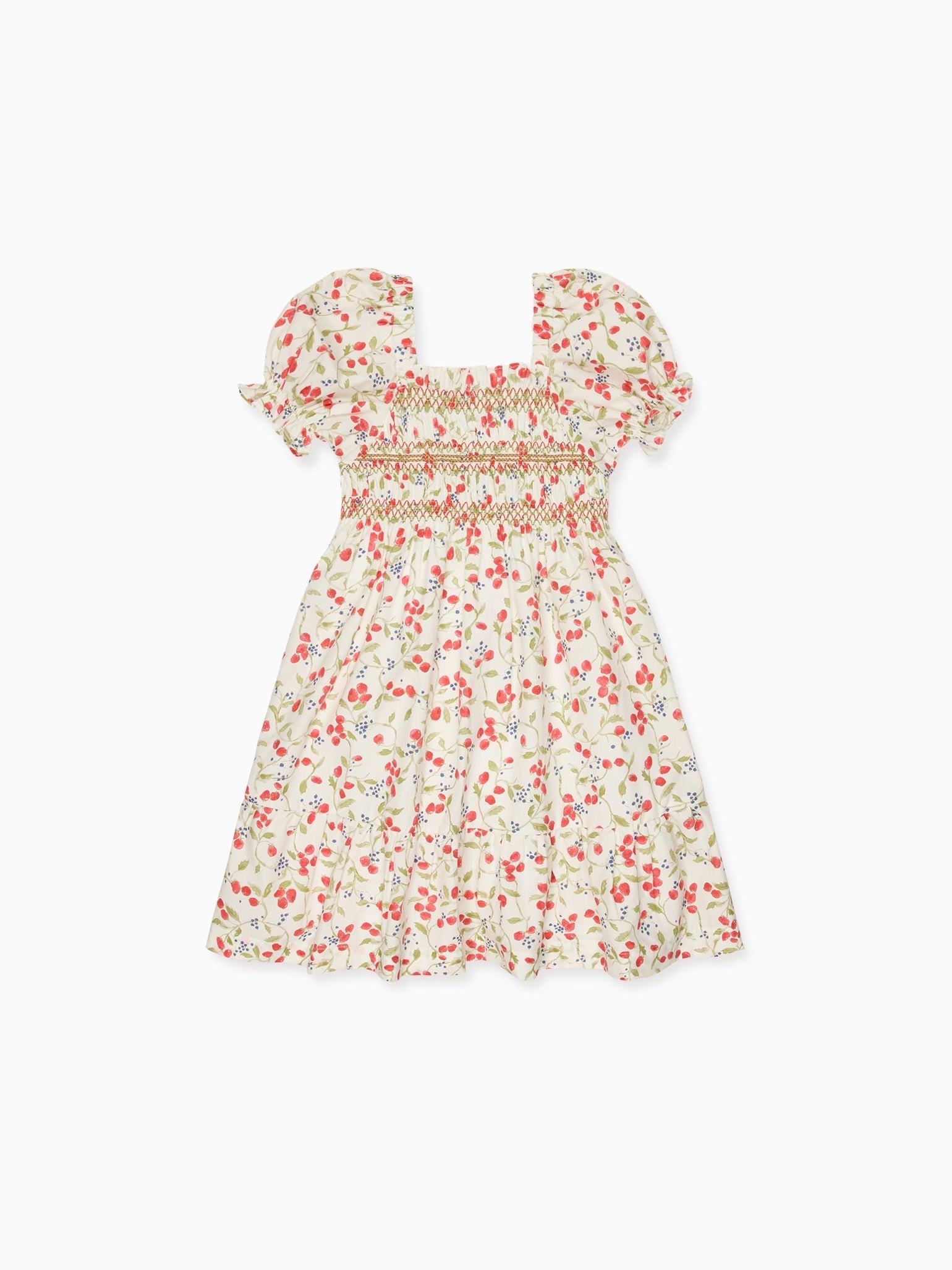 Robe fillette smockée à la main fraises et fleurs