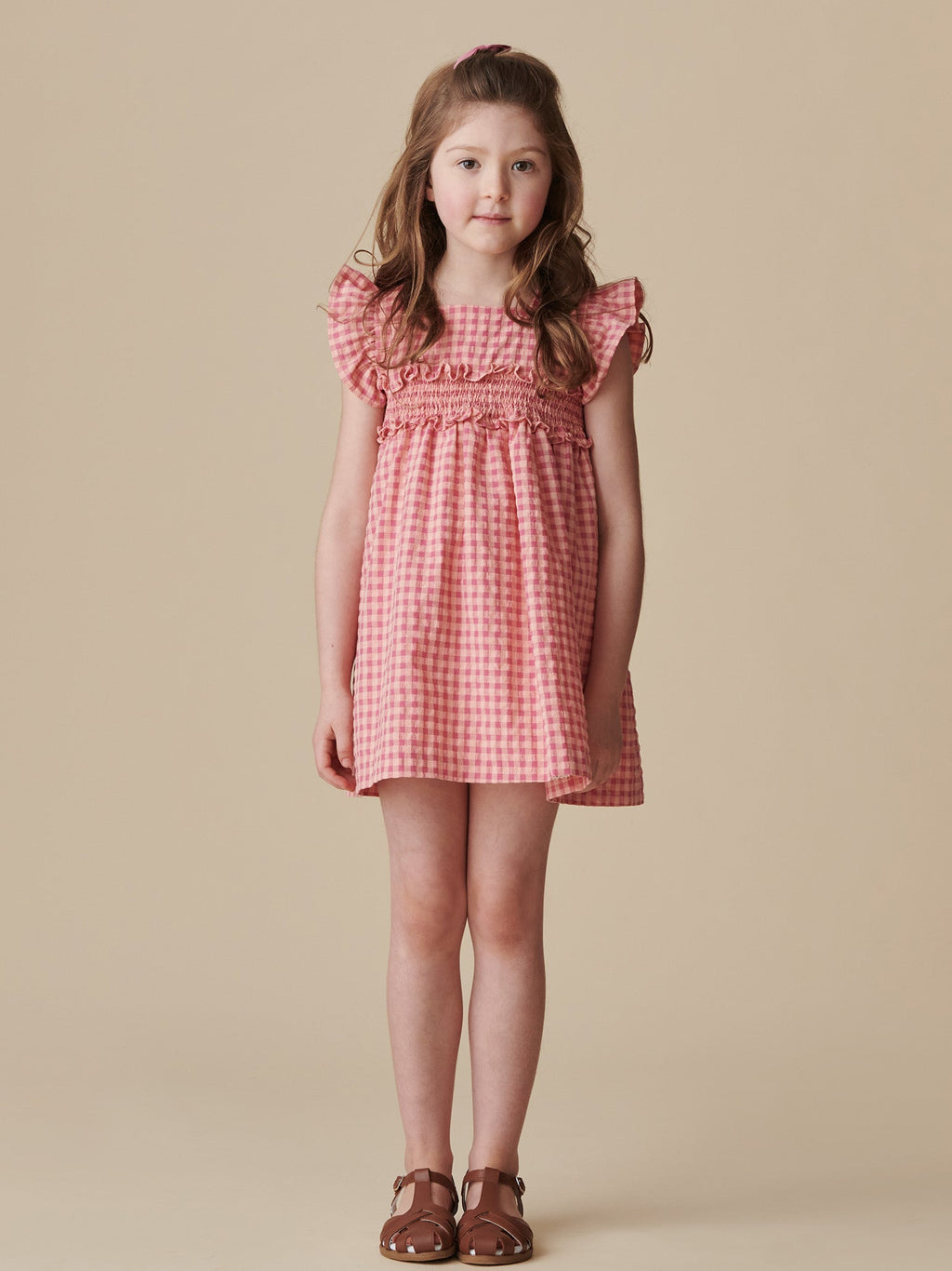 Robe Enfant à Taille Smockée Carreaux Vichy Roses