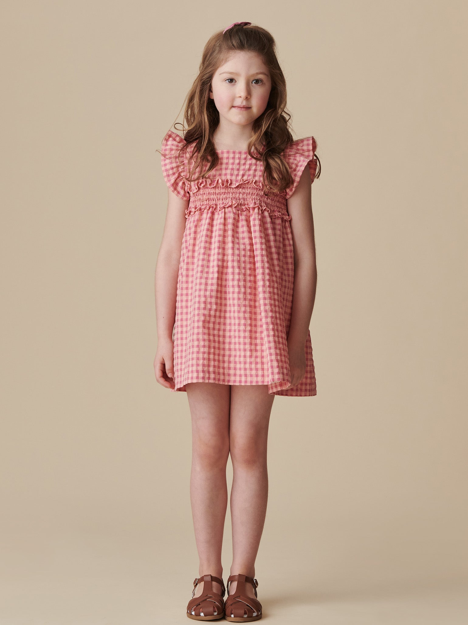 Robe Enfant à Taille Smockée Carreaux Vichy Roses