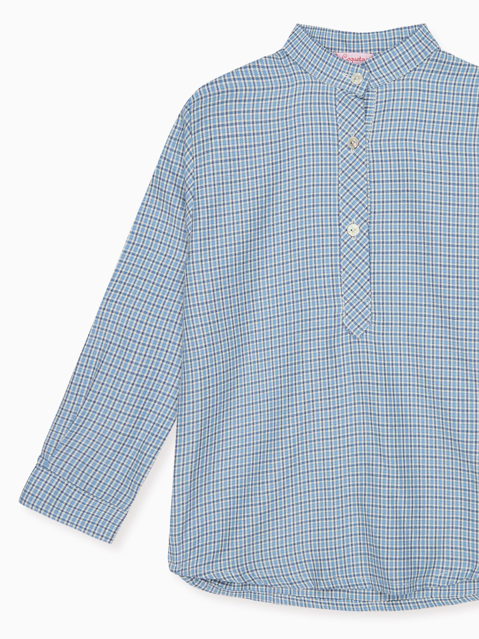 Chemise à carreaux bleu poussière à manches longues pour garçon