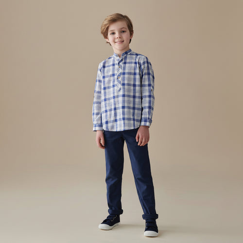 Chemise de garçon à manches longues en coton à carreaux bleus