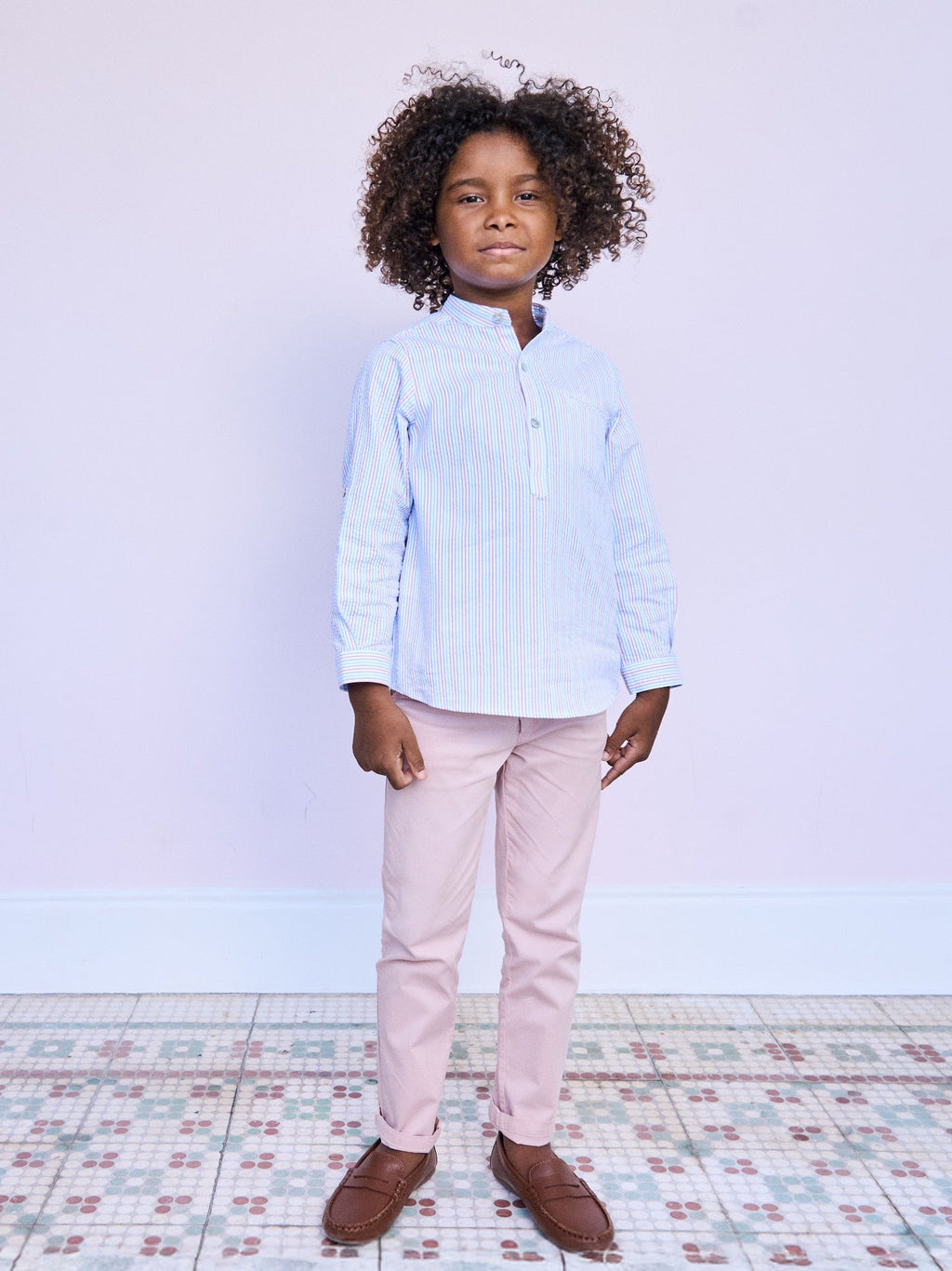 Chemise à manches longues pour garçon, rayures corail