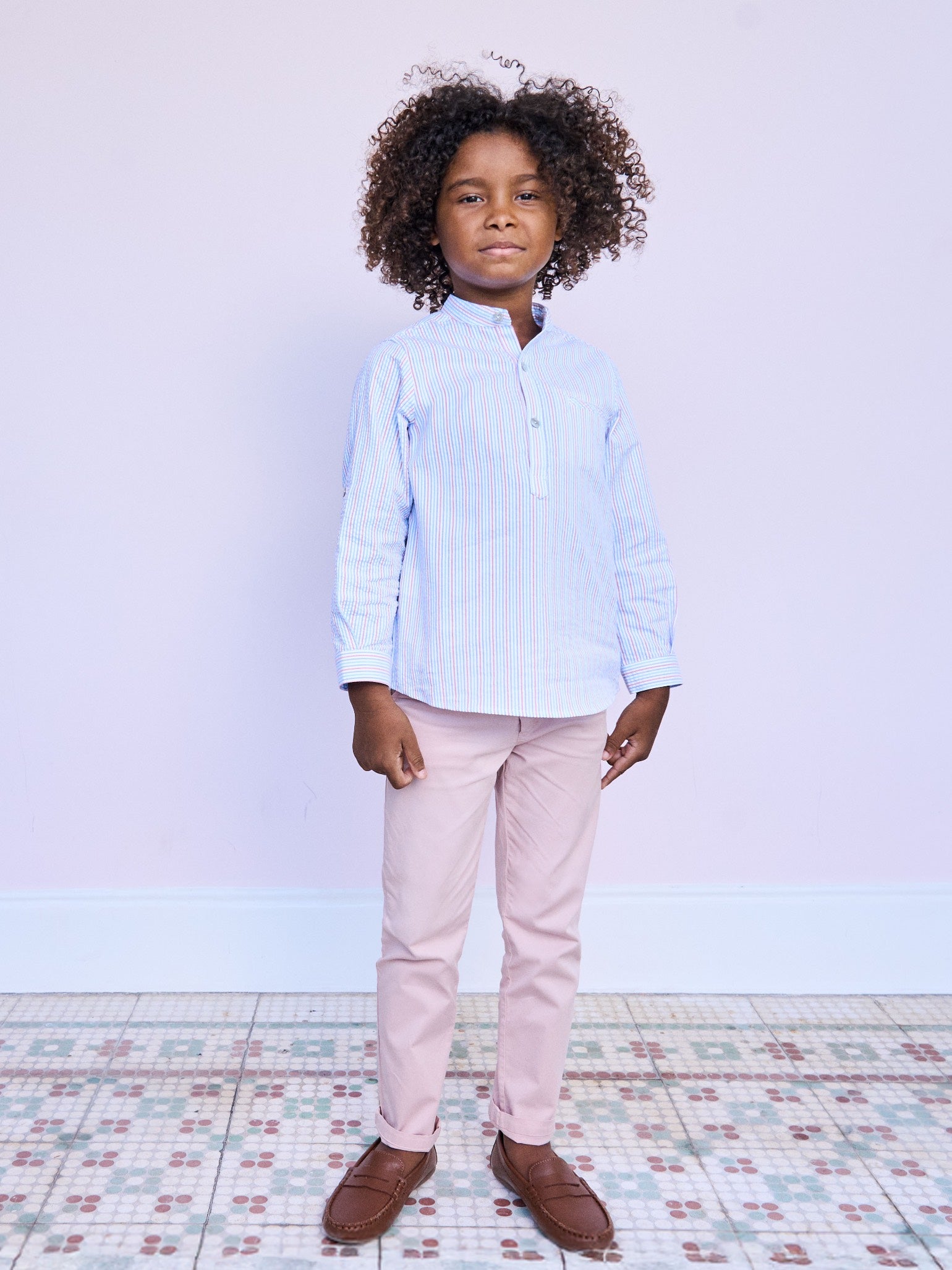 Chemise à manches longues pour garçon, rayures corail