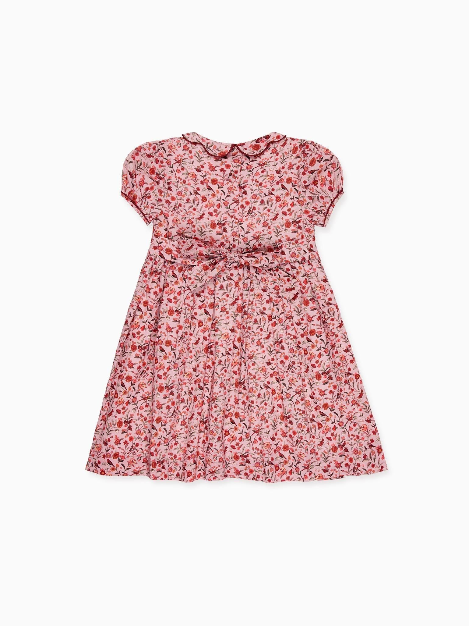 Robe Smockée Main Fille Rose Oiseau Fleurs