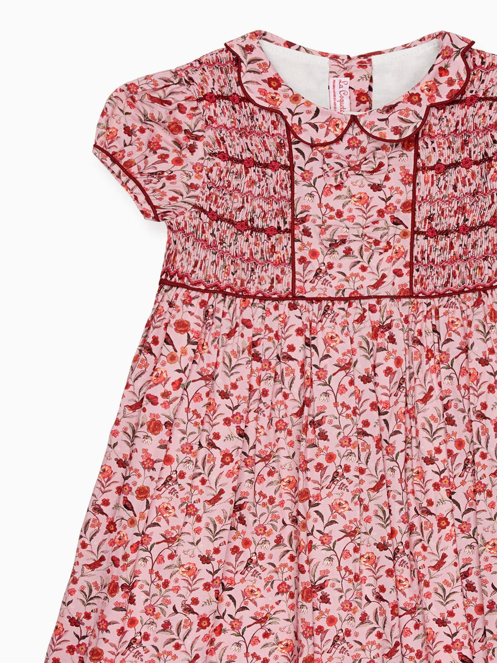 Robe Smockée Main Fille Rose Oiseau Fleurs