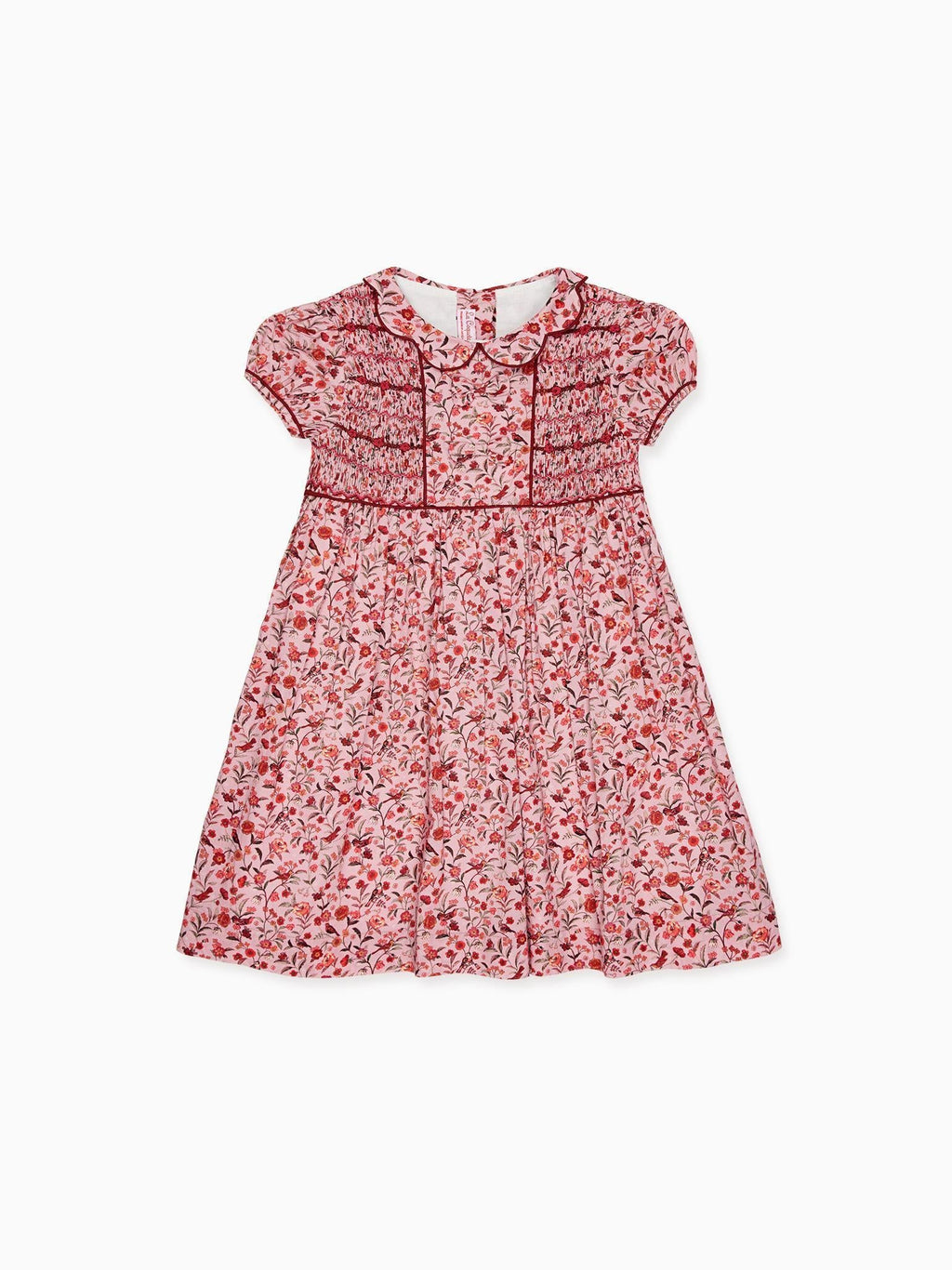 Robe Smockée Main Fille Rose Oiseau Fleurs