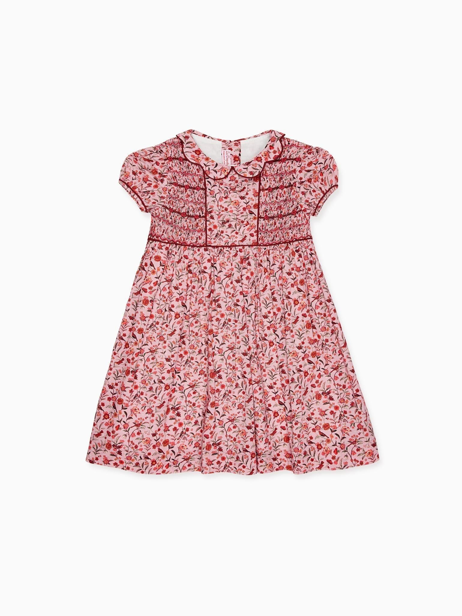 Robe Smockée Main Fille Rose Oiseau Fleurs