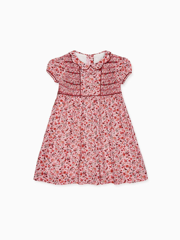 Robe Smockée Main Fille Rose Oiseau Fleurs
