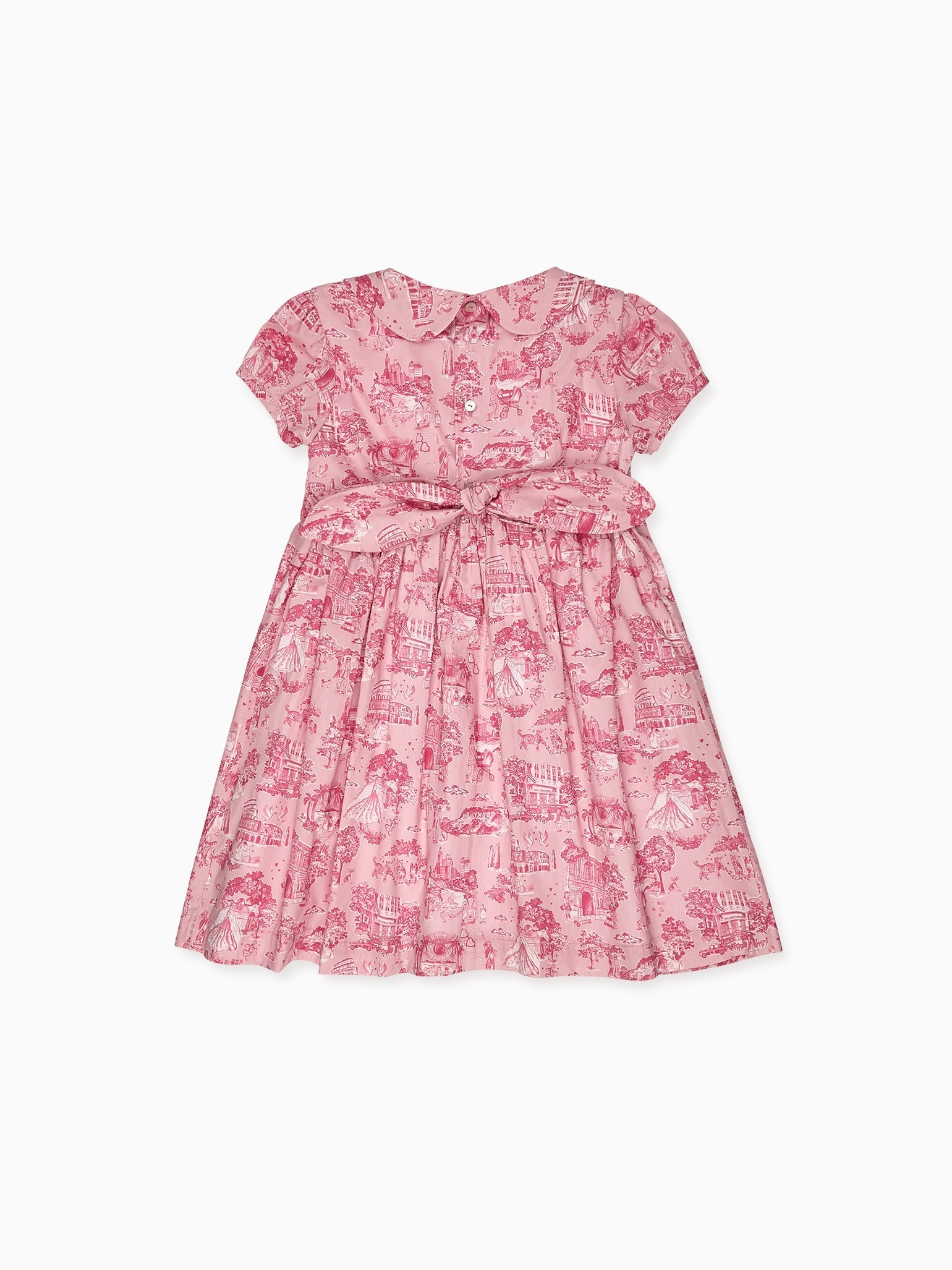 Robe smockée à la main pour fille, toile de Jouy rose