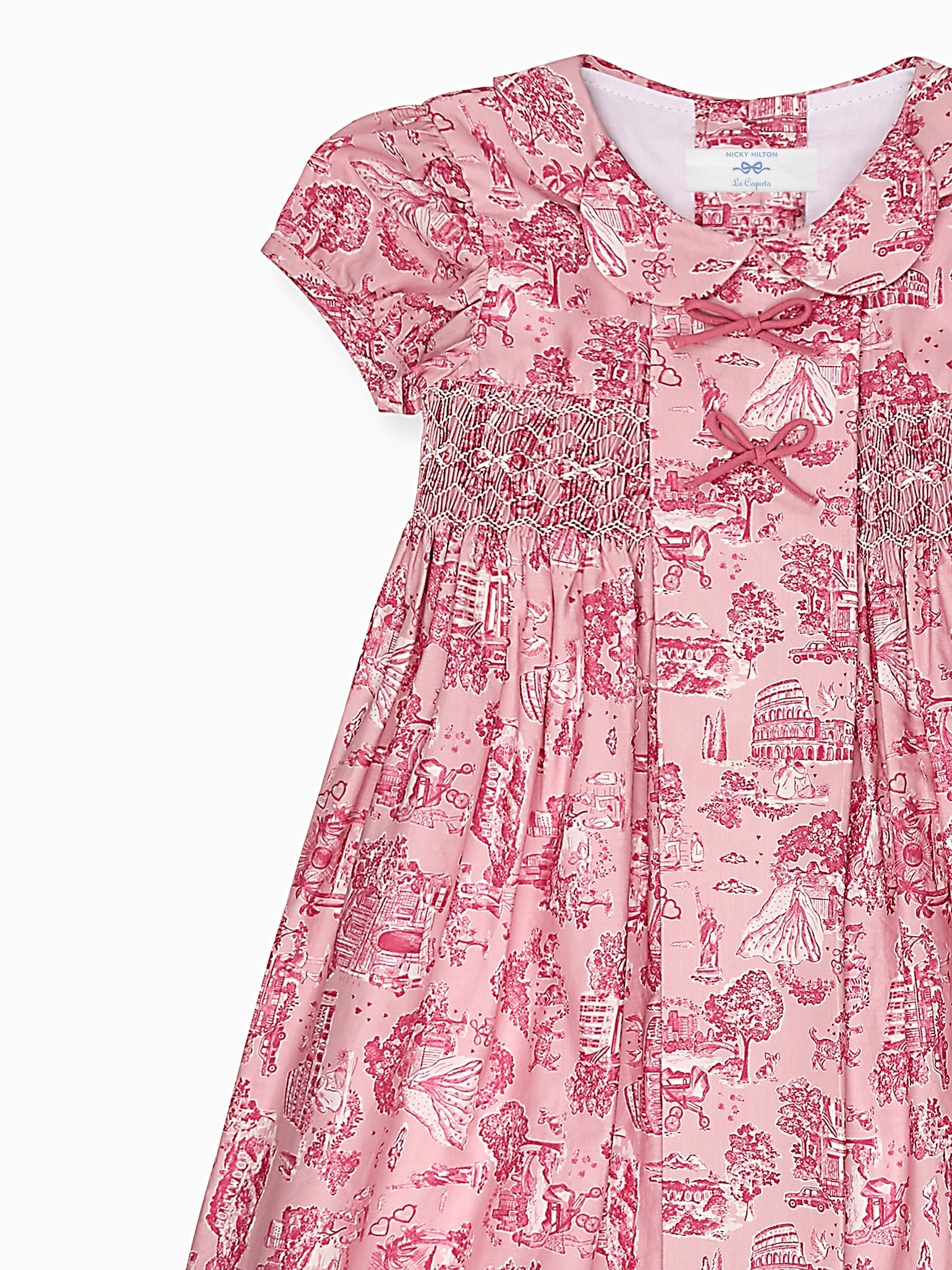 Robe smockée à la main pour fille, toile de Jouy rose