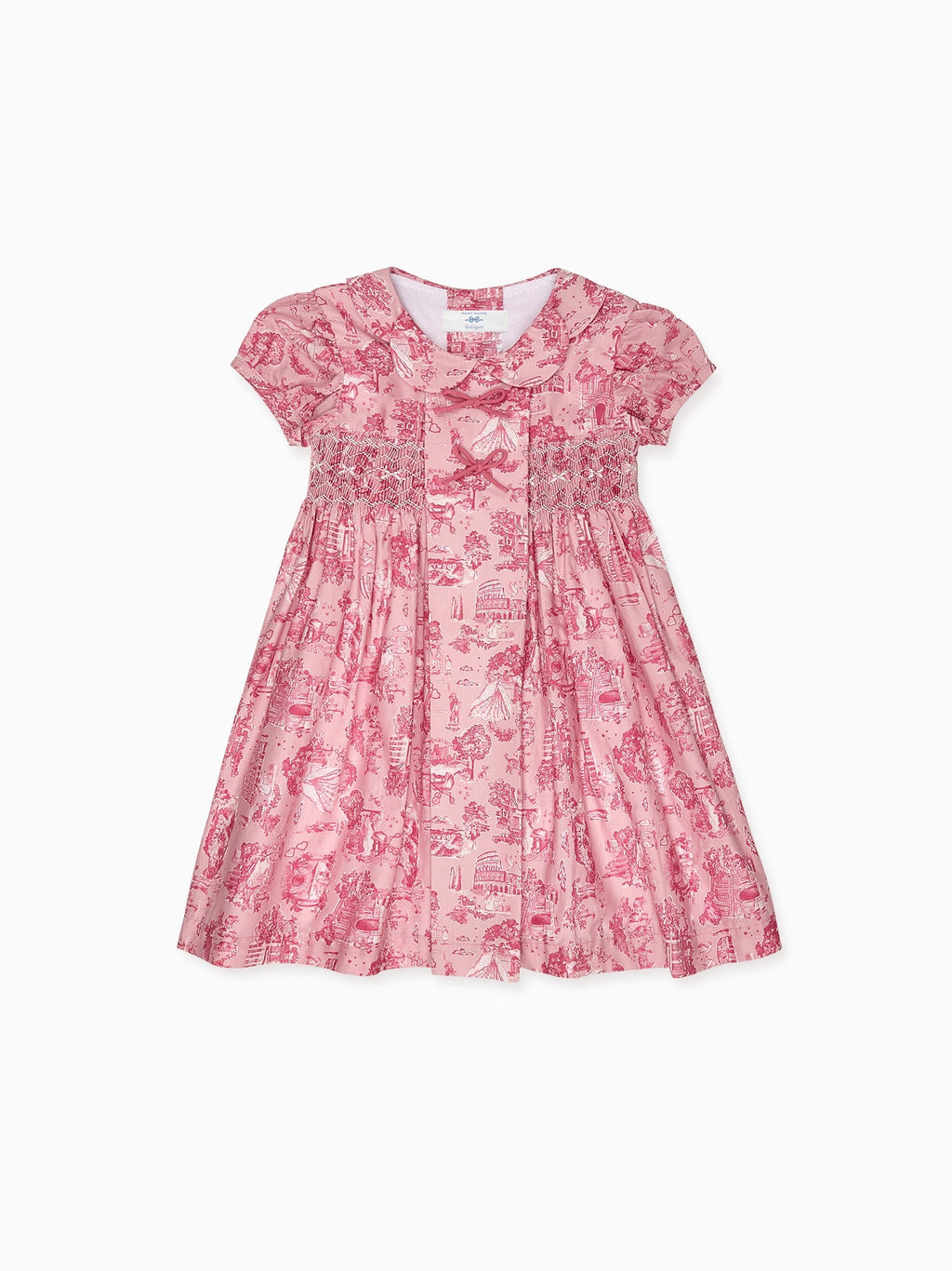 Robe smockée à la main pour fille, toile de Jouy rose