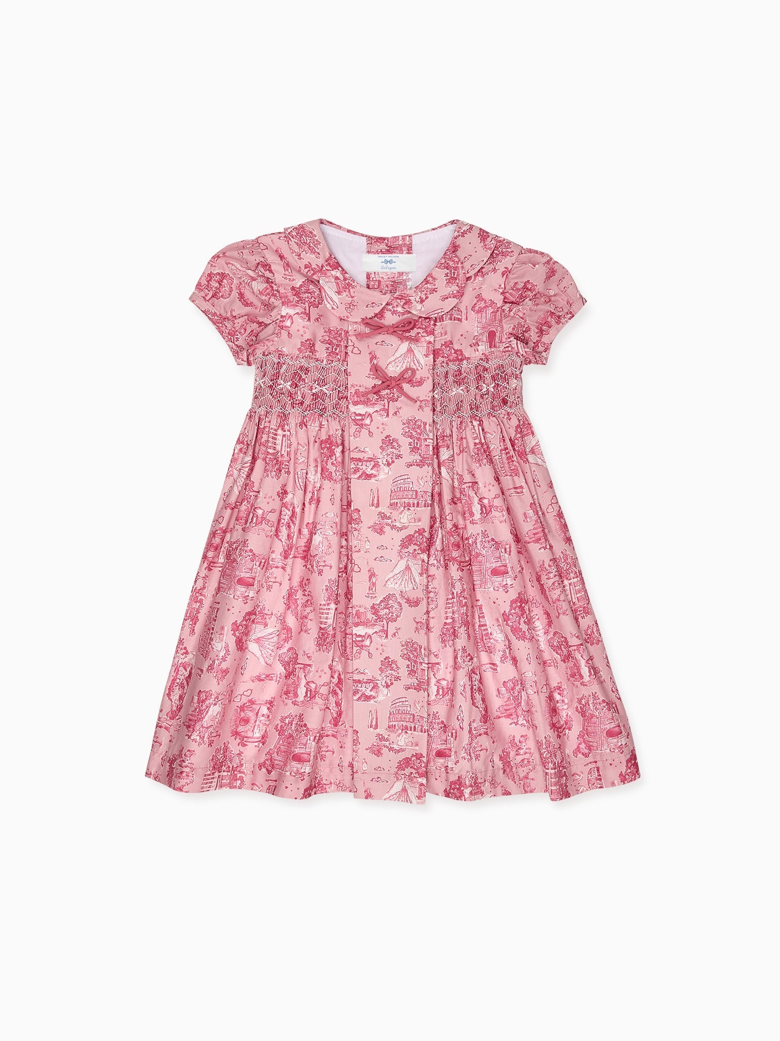 Robe smockée à la main pour fille, toile de Jouy rose