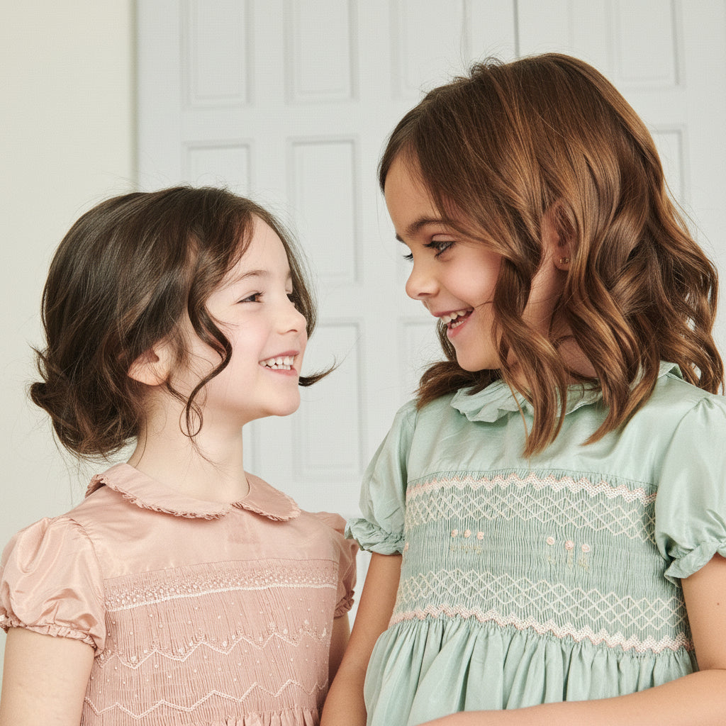 Robe en soie rose blush, smocks à la main pour fille